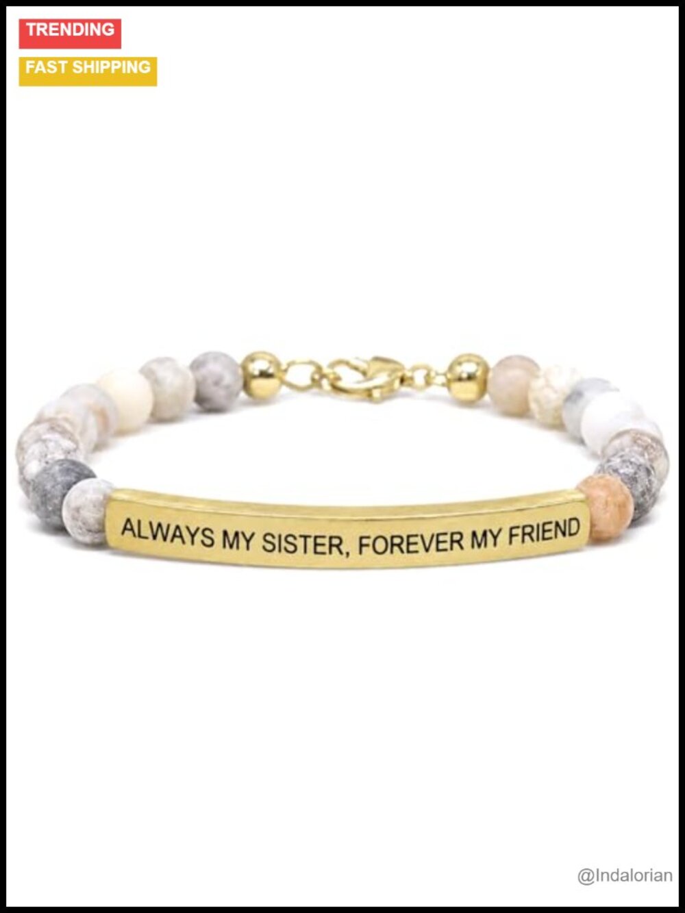 Natural Gemstone Sister Bracelet, Engraved Stainless Steel Bar, Adjustable